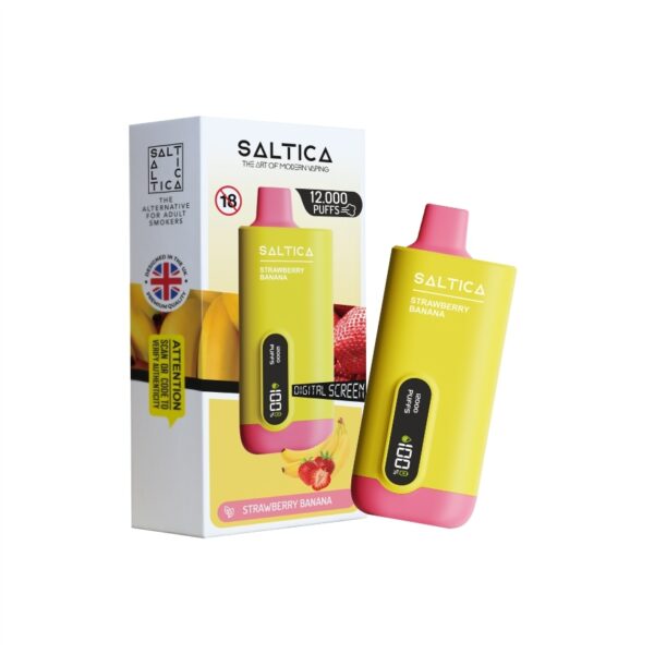 Saltica Ekranlı 12000 Strawberry Banana kullan at vape barı çilek ve muz aromasıyla yüksek puf kapasitesi sunar, hemen sipariş verin.